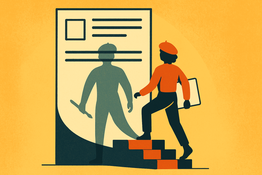 figuur stapt op trapje richting formulier